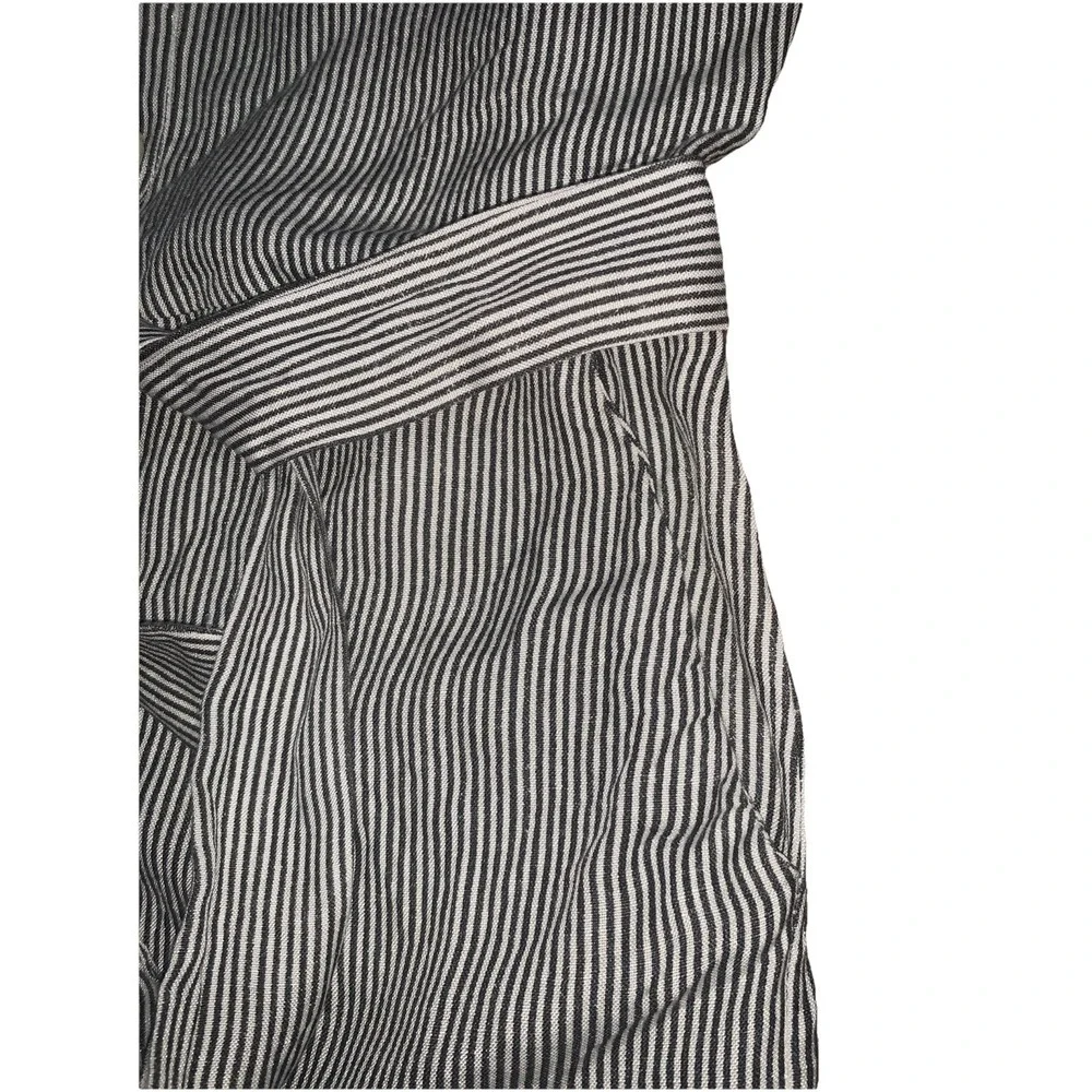 MANGO Striped Romper S/4 Linen Blend Button‎ Gray White Belted V Neck Cap Sleeve